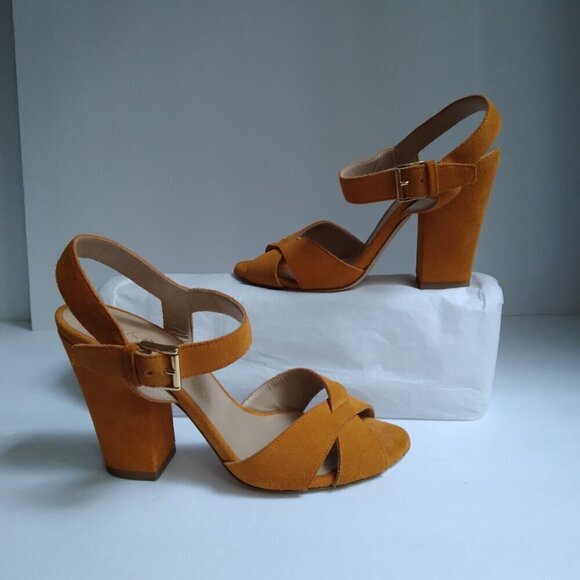 Tapeet Vicinni Orange Suede Ankle Strap Peep Toe Block Heel  Sandals Sz 7 - Picture 7 of 10